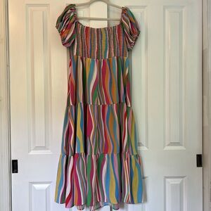 Colorful Striped Tiered Puff Sleeve Maxi Dopamine Dress‎ Size 1XL